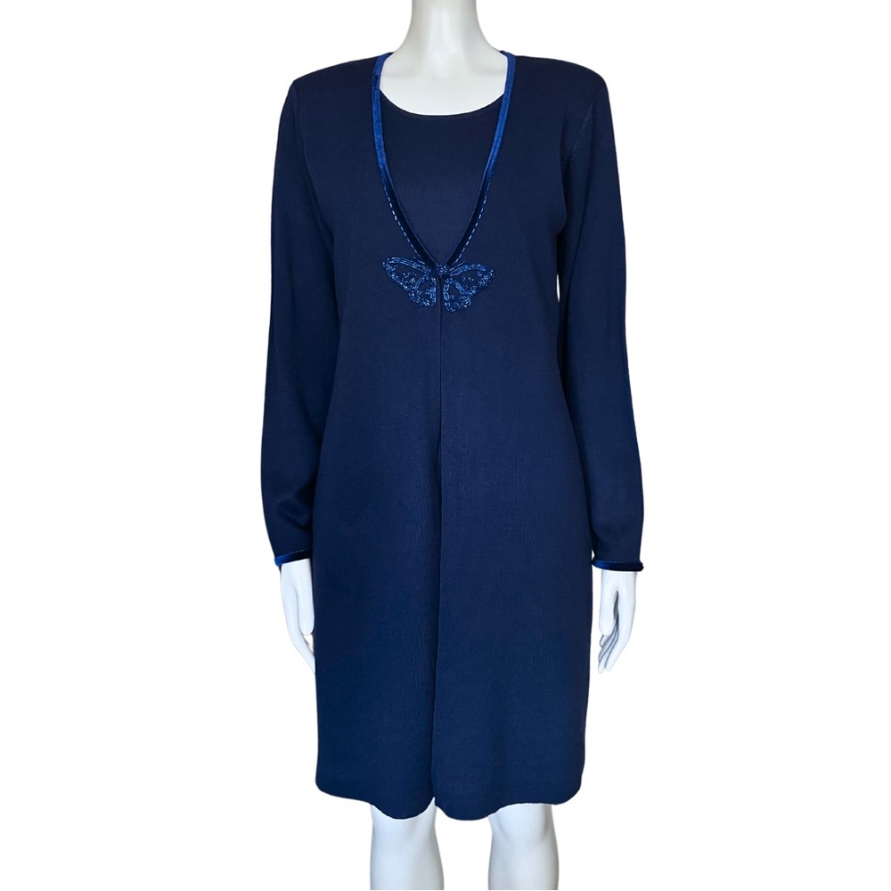 Vintage 80s 90s Blue Butterfly Beaded Sweater Dress Cardigan XS/S Grandmacore